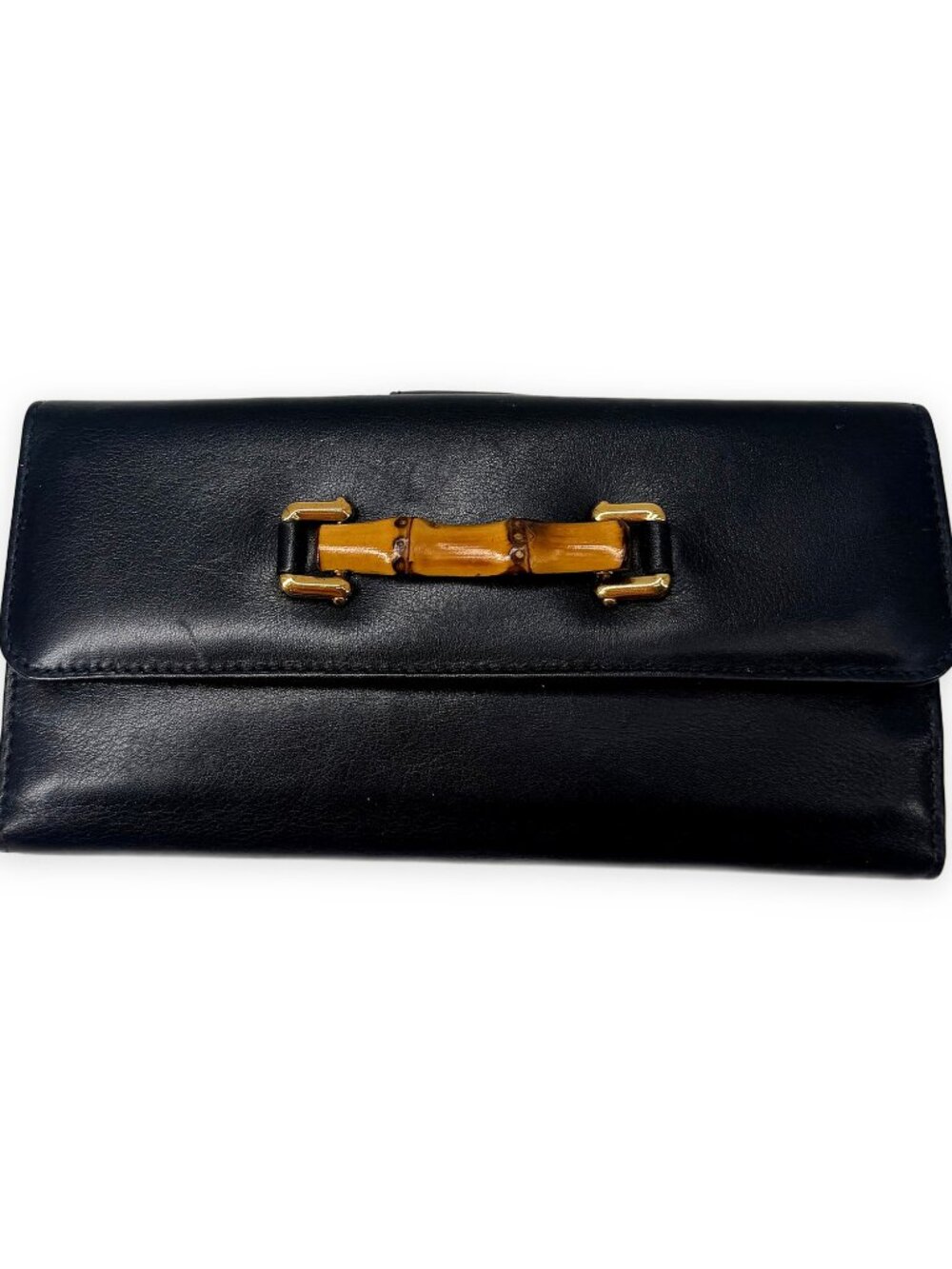 Gucci Black Leather Bamboo Accent Continental Long Wallet